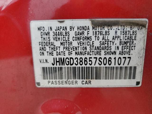 JHMGD38657S061077 - 2007 HONDA FIT S RED photo 10