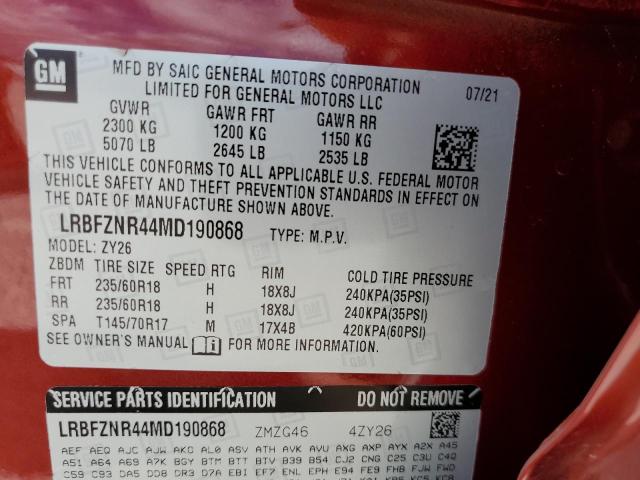 LRBFZNR44MD190868 - 2021 BUICK ENVISION E RED photo 10