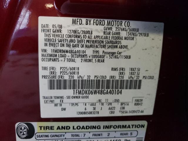 1FMDK06W48GA40104 - 2008 FORD TAURUS X L MAROON photo 10