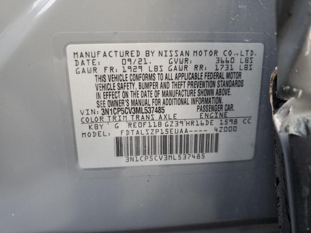 3N1CP5CV3ML537485 - 2021 NISSAN KICKS SV GRAY photo 10