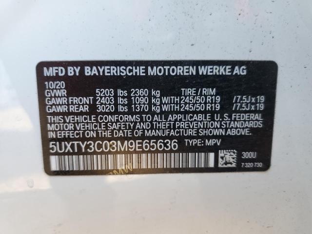 5UXTY3C03M9E65636 - 2021 BMW X3 SDRIVE3 Ақ фото 10