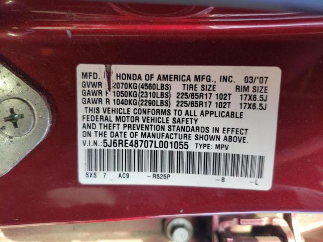 5J6RE48707L001055 - 2007 HONDA CR-V EXL BURGUNDY photo 10