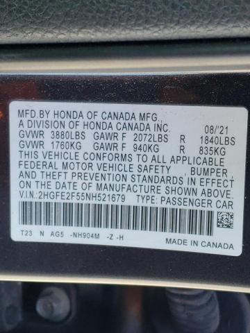2HGFE2F55NH521679 - 2022 HONDA CIVIC SPOR CHARCOAL photo 10