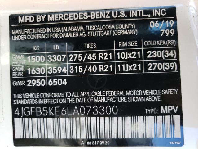 4JGFB5KE6LA073300 - 2020 MERCEDES-BENZ GLE 450 4M WHITE photo 10