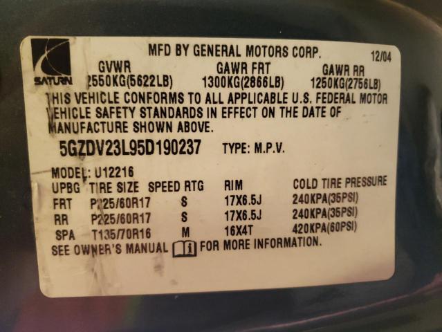 5GZDV23L95D190237 - 2005 SATURN RELAY 3 BLUE photo 10