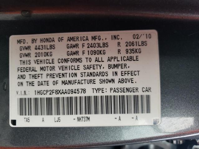 1HGCP2F8XAA094578 - 2010 HONDA ACCORD EXL GRAY photo 10