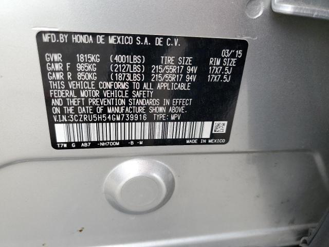 3CZRU5H54GM739916 - 2016 HONDA HR-V EX SILVER photo 10