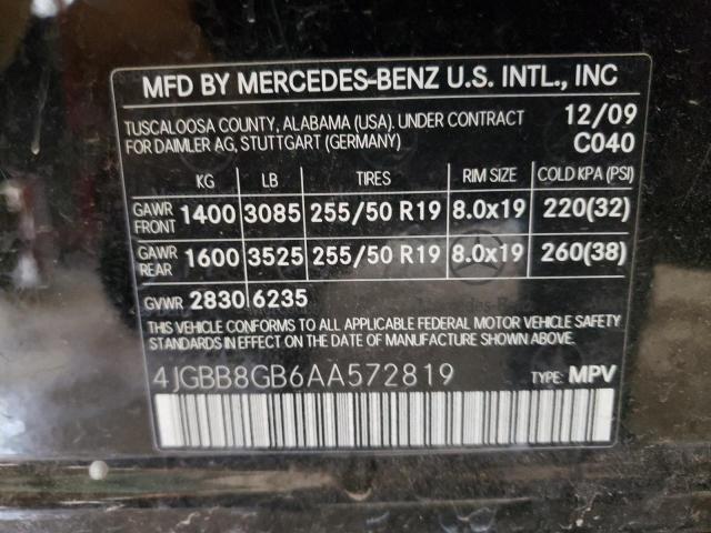 4JGBB8GB6AA572819 - 2010 MERCEDES-BENZ ML 350 4MA BLACK photo 10