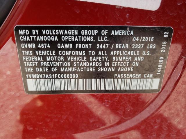 1VWBV7A31FC086399 - 2015 VOLKSWAGEN PASSAT SE RED photo 10