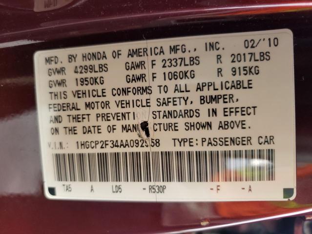 1HGCP2F34AA092958 - 2010 HONDA ACCORD MAROON photo 10