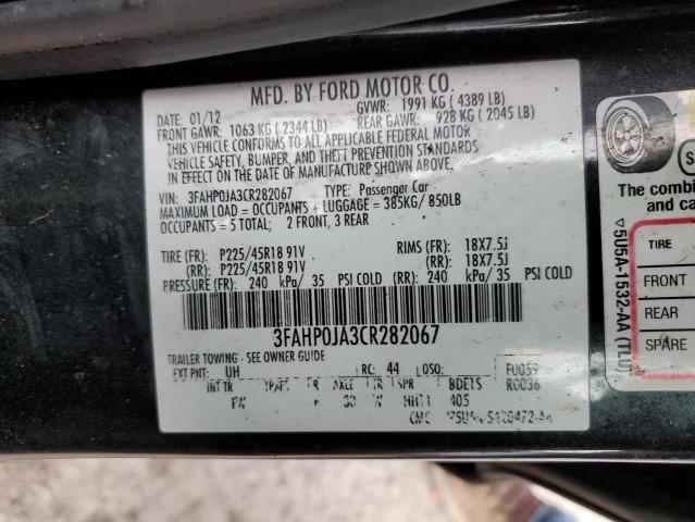 3FAHP0JA3CR282067 - 2012 FORD FUSION SEL BLACK photo 10