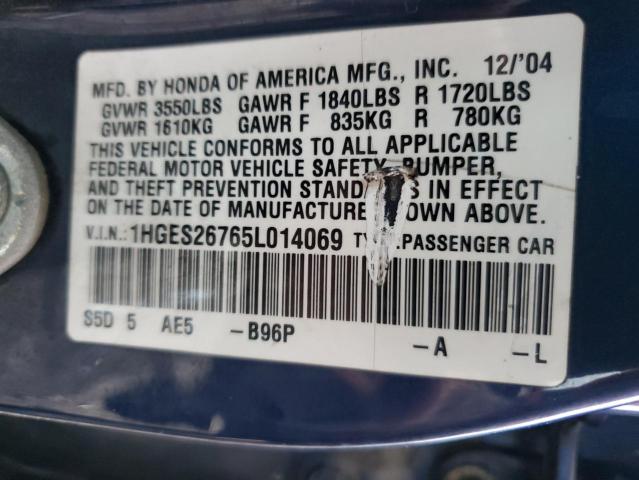 1HGES26765L014069 - 2005 HONDA CIVIC EX BLUE photo 10