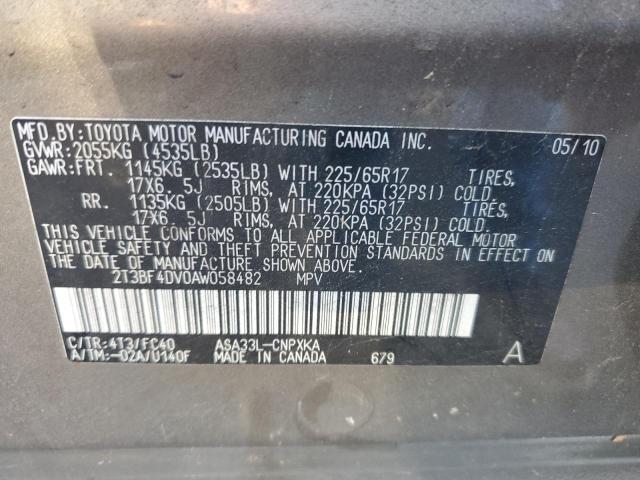 2T3BF4DV0AW058482 - 2010 TOYOTA RAV4 GRAY photo 10