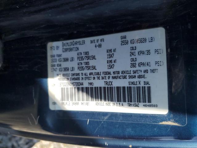 1B7GG22N1YS728344 - 2000 DODGE DAKOTA BLUE photo 10