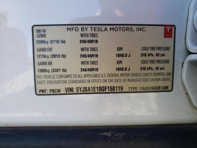 5YJSA1E10GF158119 - 2016 TESLA MODEL S Blanco foto 10