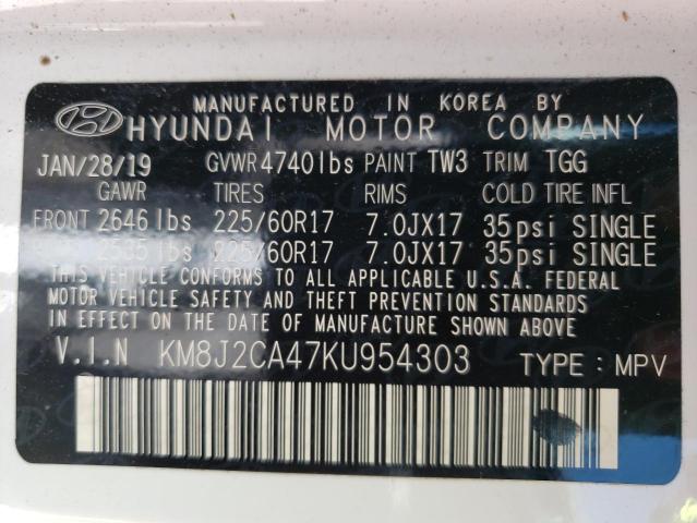 KM8J2CA47KU954303 - 2019 HYUNDAI TUCSON SE WHITE photo 10