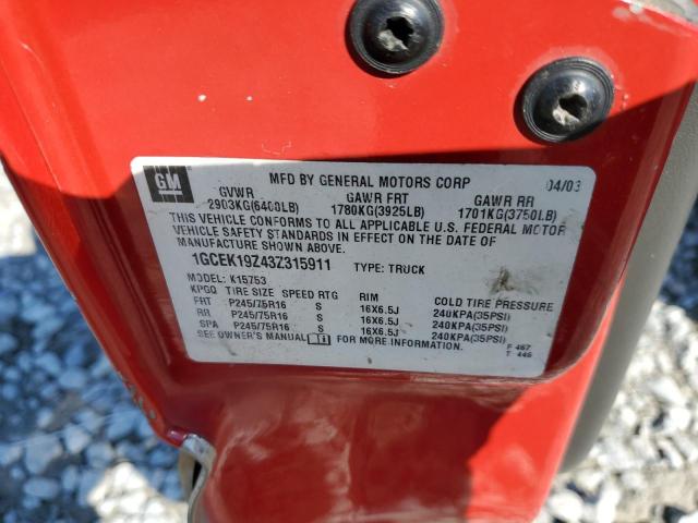 1GCEK19Z43Z315911 - 2003 CHEVROLET SILVRDO LS RED photo 10