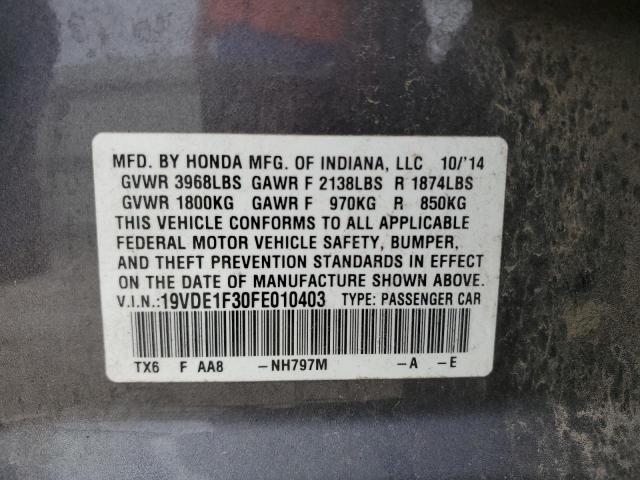 19VDE1F30FE010403 - 2015 ACURA ILX 20 GRAY photo 10