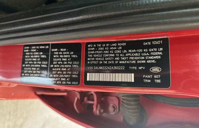 SALNM22242A360222 - 2002 LAND ROVER FREELANDER RED photo 10