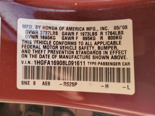 1HGFA16908L091611 - 2008 HONDA CIVIC EXL 勃艮第红 照片 10