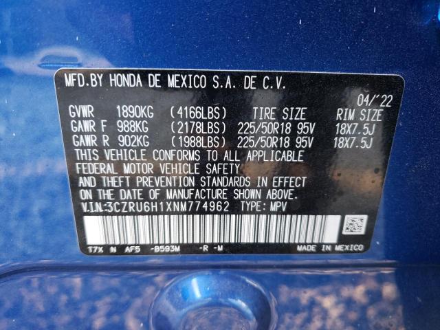 3CZRU6H1XNM774962 - 2022 HONDA HR-V SPORT BLUE photo 10