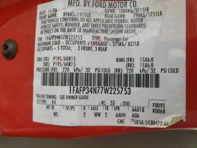 1FAFP34N77W225753 - 2007 FORD FOCUS ZX4 RED photo 10