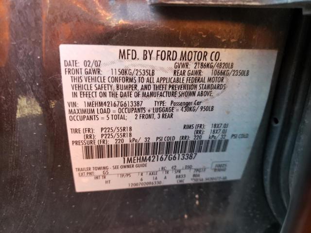 1MEHM42167G613387 - 2007 MERCURY MONTEGO PR შავი ფოტო 10