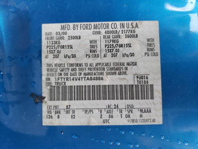 1FTYR14V4YTA84886 - 2000 FORD RANGER SUP BLUE photo 10