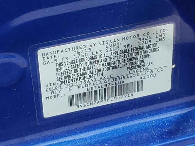 3N1CN7AP3FL947714 - 2015 NISSAN VERSA S BLUE photo 10