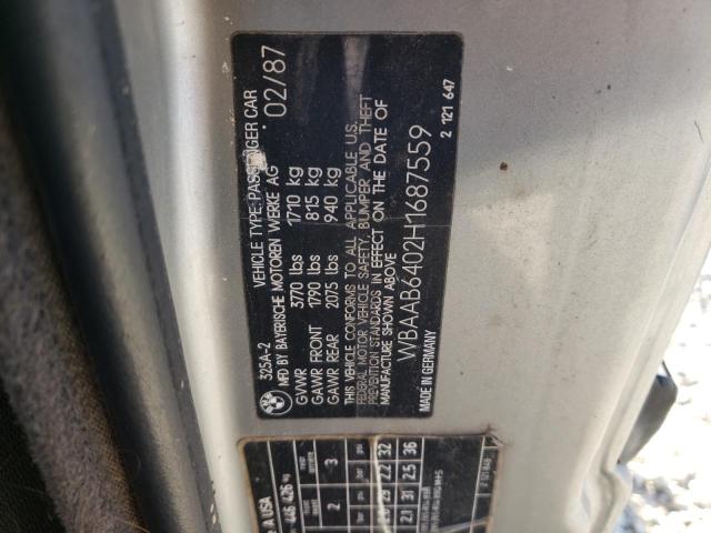 WBAAB6402H1687559 - 1987 BMW 325 E AUTO SILVER photo 10