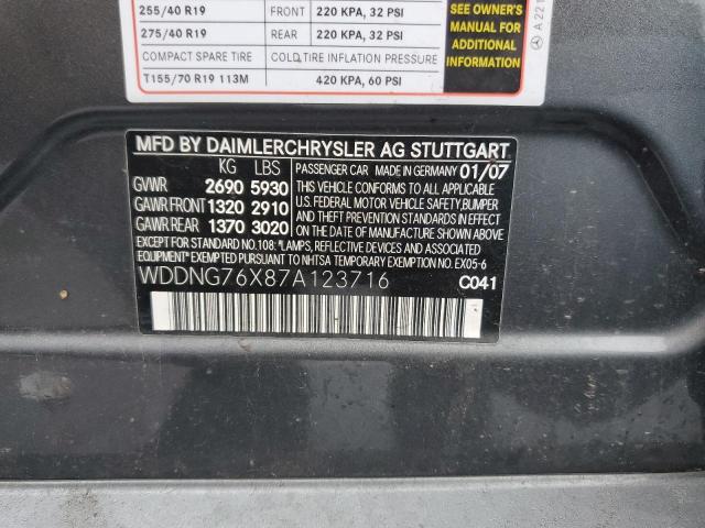 WDDNG76X87A123716 - 2007 MERCEDES-BENZ S 600 GRAY photo 10