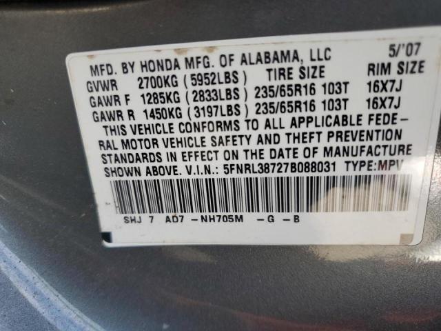 5FNRL38727B088031 - 2007 HONDA ODYSSEY GRAY photo 10