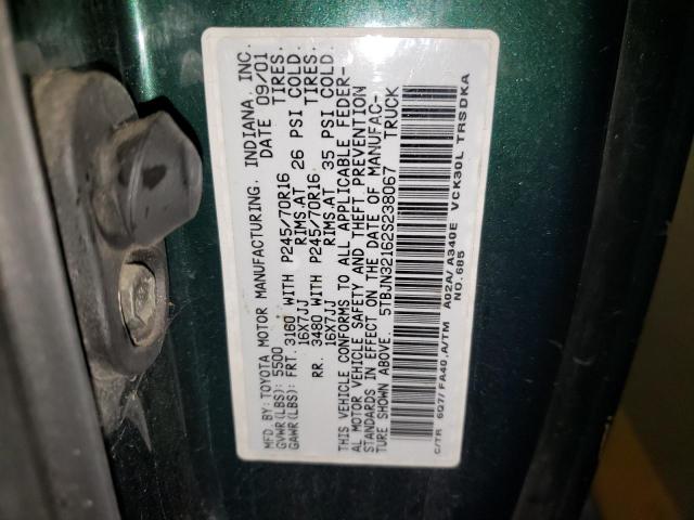 5TBJN32162S238067 - 2002 TOYOTA TUNDRA GREEN photo 10