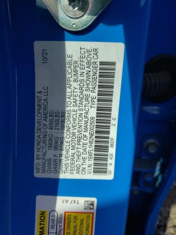 19XFL1H82NE002509 - 2022 HONDA CIVIC SPOR 蓝色 照片 10