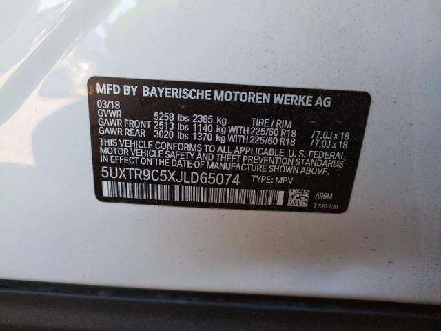 5UXTR9C5XJLD65074 - 2018 BMW X3 XDRIVE3 WHITE photo 10