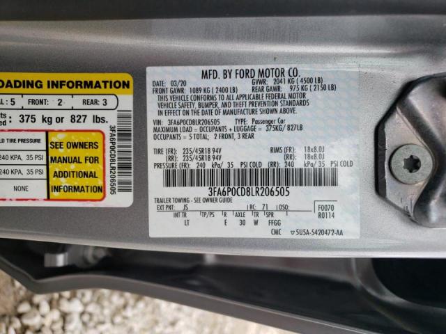 3FA6P0CD8LR206505 - 2020 FORD FUSION SEL SILVER photo 10