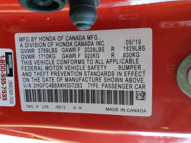 2HGFC4B8XKH307283 - 2019 HONDA CIVIC SPOR 红色 照片 10