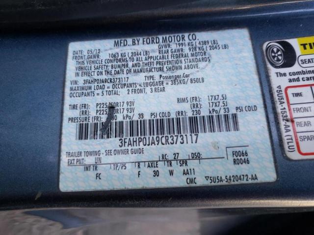 3FAHP0JA9CR373117 - 2012 FORD FUSION SEL TEAL photo 10