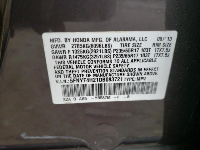 5FNYF4H21DB083721 - 2013 HONDA PILOT LX Qara foto 10