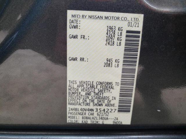 1N4BL4DV4MN354227 - 2021 NISSAN ALTIMA SV GRAY photo 10