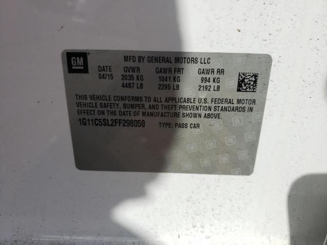 1G11C5SL2FF298050 - 2015 CHEVROLET MALIBU 1LT Beyaz fotoğraf 10