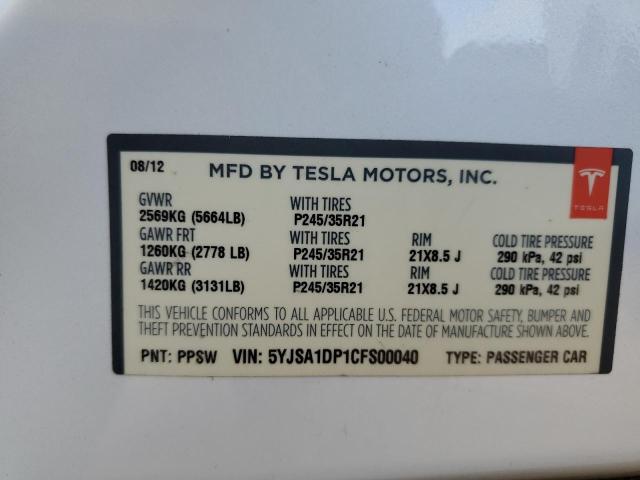 5YJSA1DP1CFS00040 - 2012 TESLA MODEL S თეთრი ფოტო 12