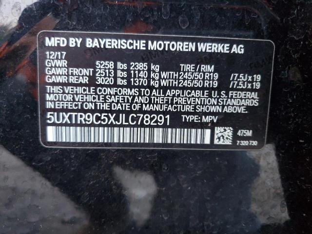 5UXTR9C5XJLC78291 - 2018 BMW X3 XDRIVE3 BLACK photo 10