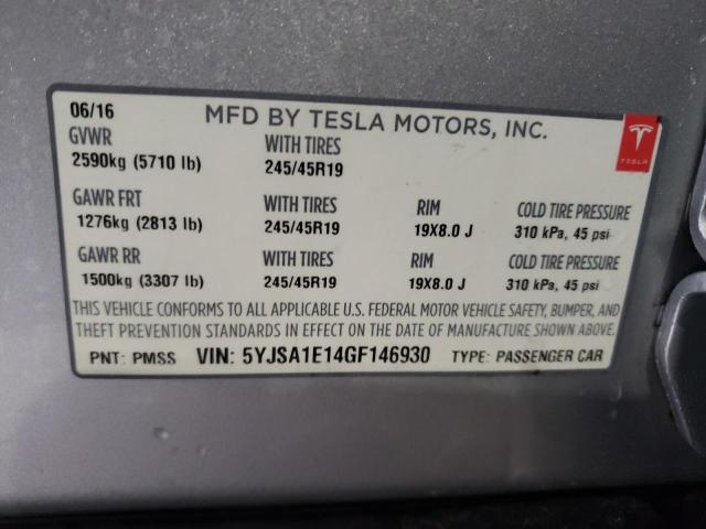 5YJSA1E14GF146930 - 2016 TESLA MODEL S Plata foto 10
