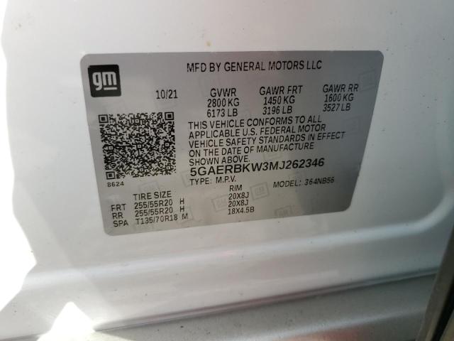 5GAERBKW3MJ262346 - 2021 BUICK ENCLAVE ES WHITE photo 10