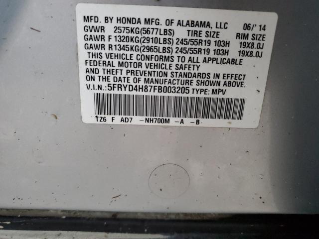 5FRYD4H87FB003205 - 2015 ACURA MDX ADVANC SILVER photo 10
