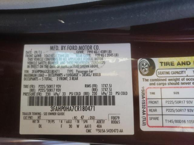 3FAHP0HA7CR180471 - 2012 FORD FUSION MAROON photo 10