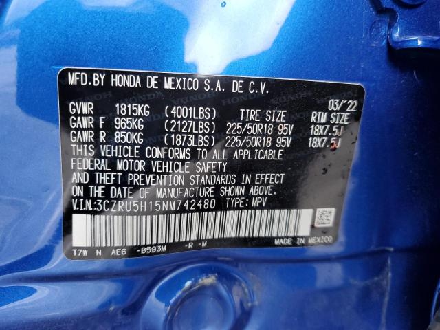 3CZRU5H15NM742480 - 2022 HONDA HR-V SPORT BLUE photo 10