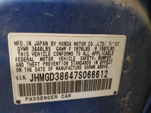 JHMGD38647S066612 - 2007 HONDA FIT S 蓝色 照片 10