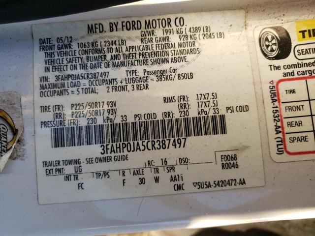 3FAHP0JA5CR387497 - 2012 FORD FUSION SEL WHITE photo 10